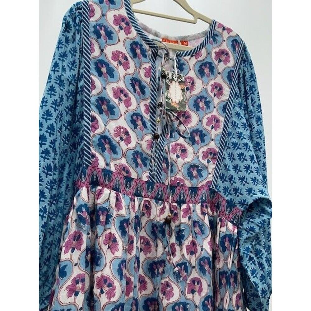 Oliphant Mini Dress Long Balloon Sleeves Tie Front Floral Fern‎ Blue Small NWT - Picture 2 of 12